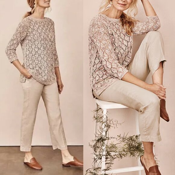 J Jill Linen Stretch Straight-Leg Cropped Trousers Pants Size 14 Flax Beige Tan - Picture 1 of 14